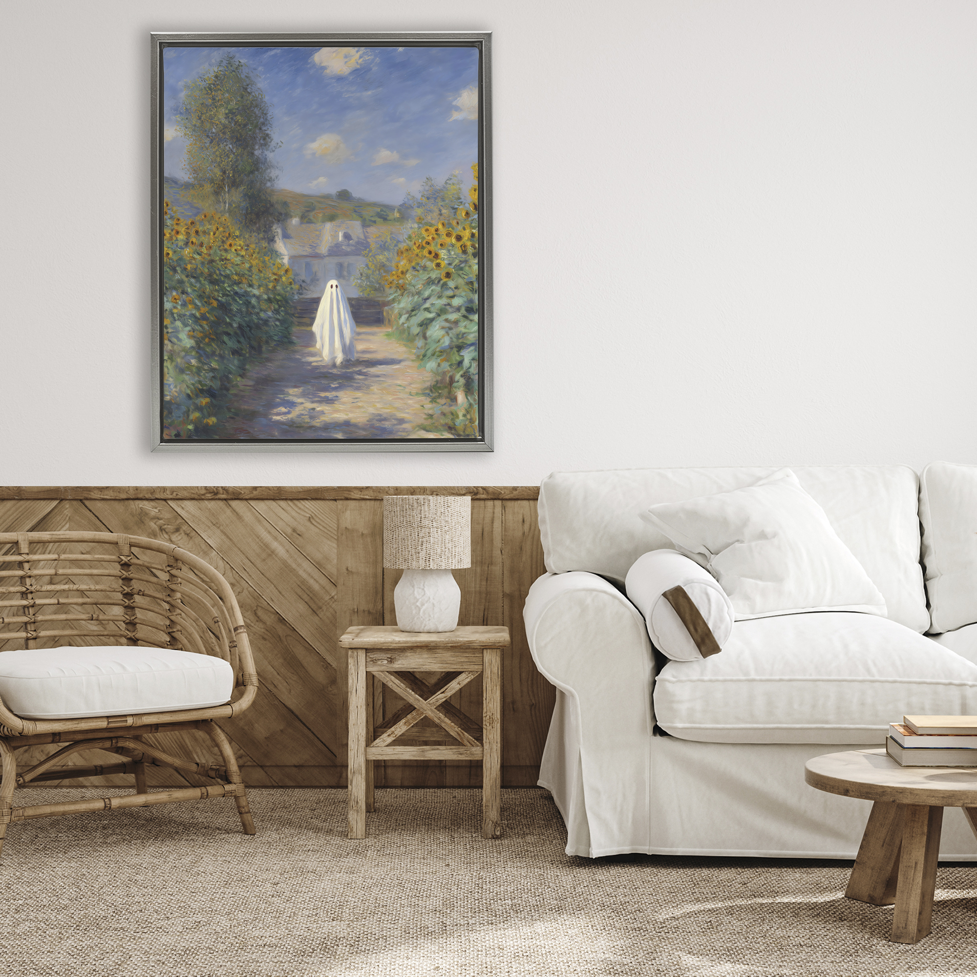 Monet Style Sunflower Ghost Gray Framed Floater Canvas Wall Art, design by Arlington Prints
