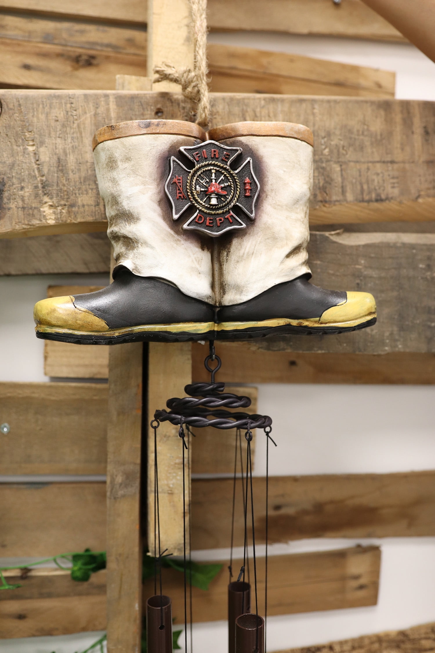 Rustic Fire Department Fireman Boots Large Resonant Patio Spiral Wind Chime
