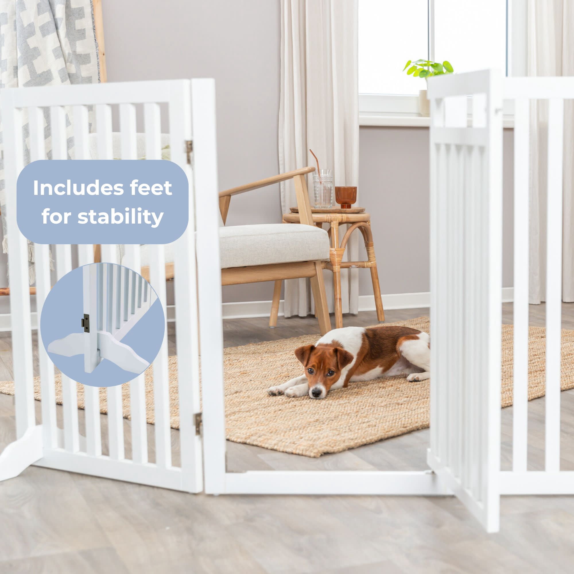 TRIXIE 4-Panel Foldable Wood Freestanding Pet Gate, Walk Thru Door, Expands to 81.2", White