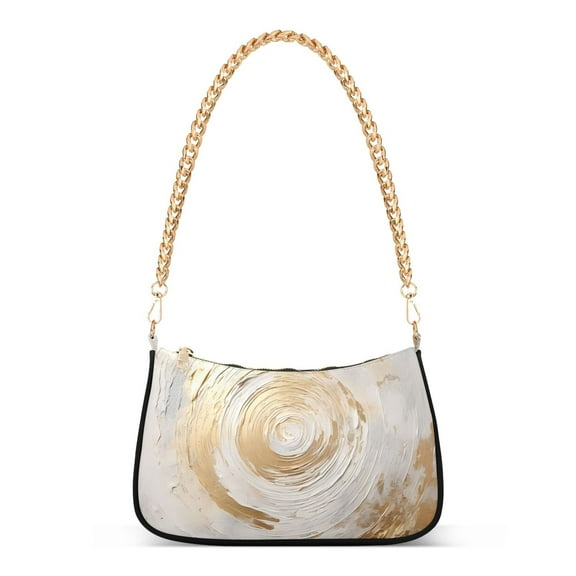 Womens Chain Shoulder Bag White and Golden Abstract Classic Tote Handbags Fashion Clutch Hobo Purse with Zipper for Travel Casual