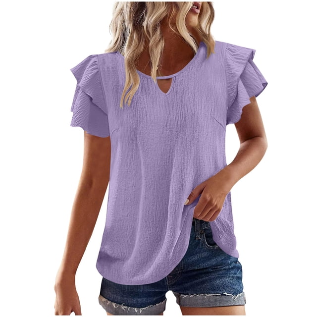 Admvng Hauts pour Femmes Printemps et Été Col Rond Manches à Volants Plissées Mi-Hautes S-2TG