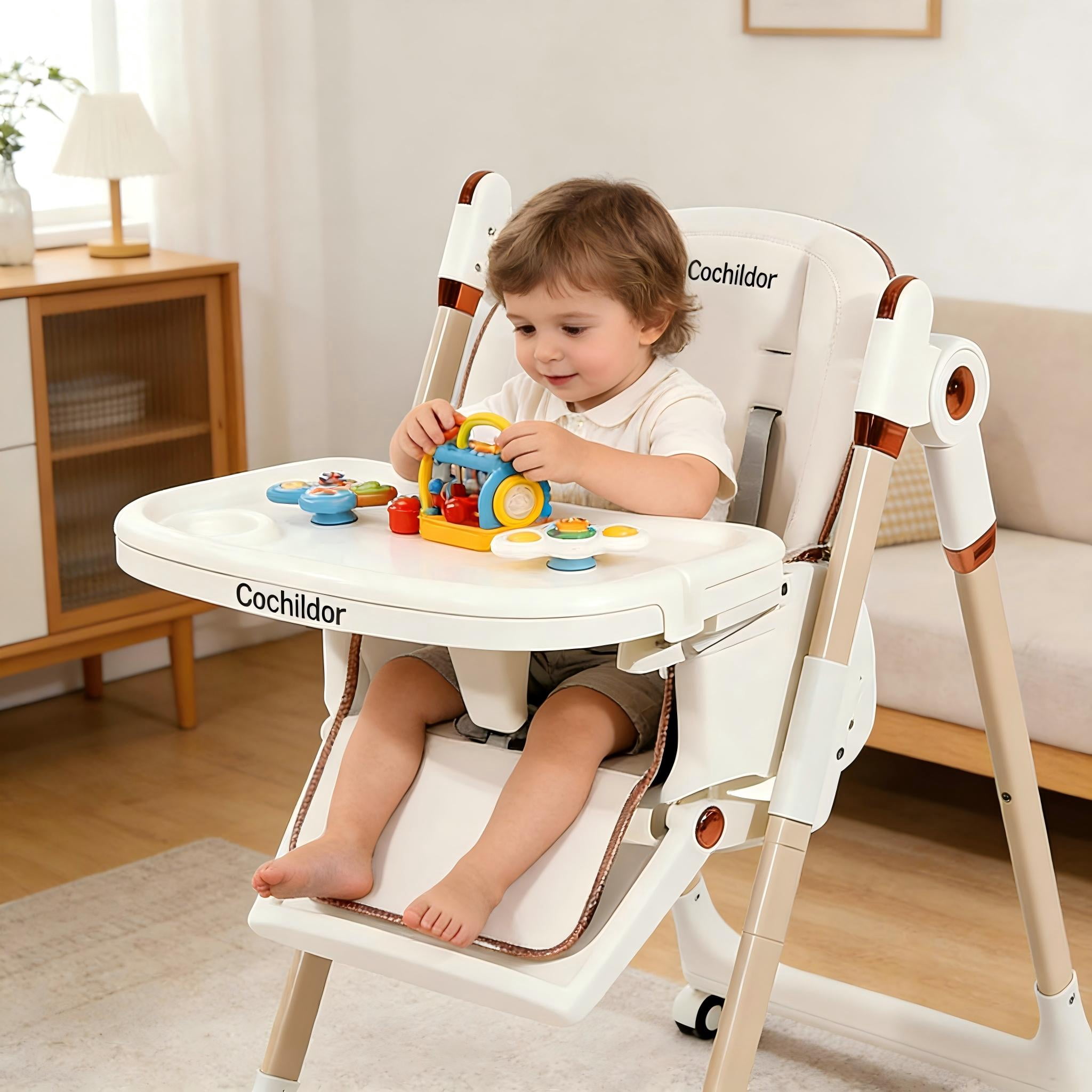 Clearance Cochildor Foldaway 3-in-1 High Chair for Babies & Toddlers, with 5 Point Harness, Tray, Foot Rest and Wheels, White