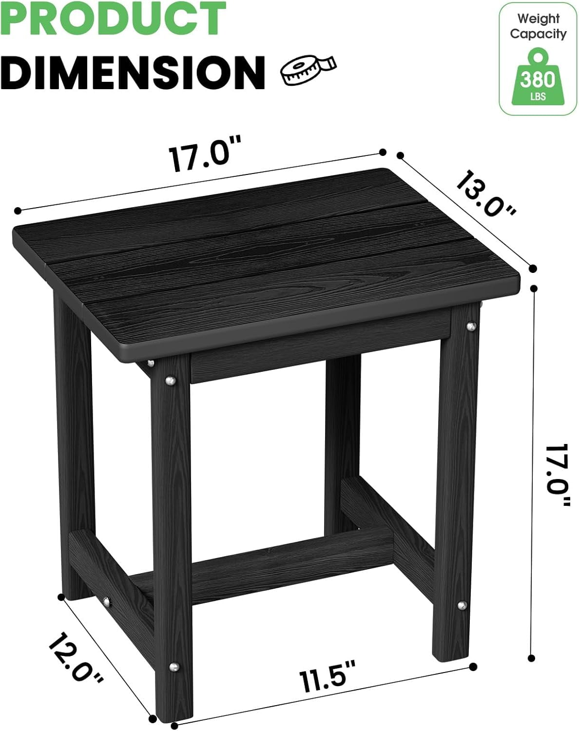 SUUNYN HDPE Outdoor Side Table, Weather Resistant Patio End Table, Black