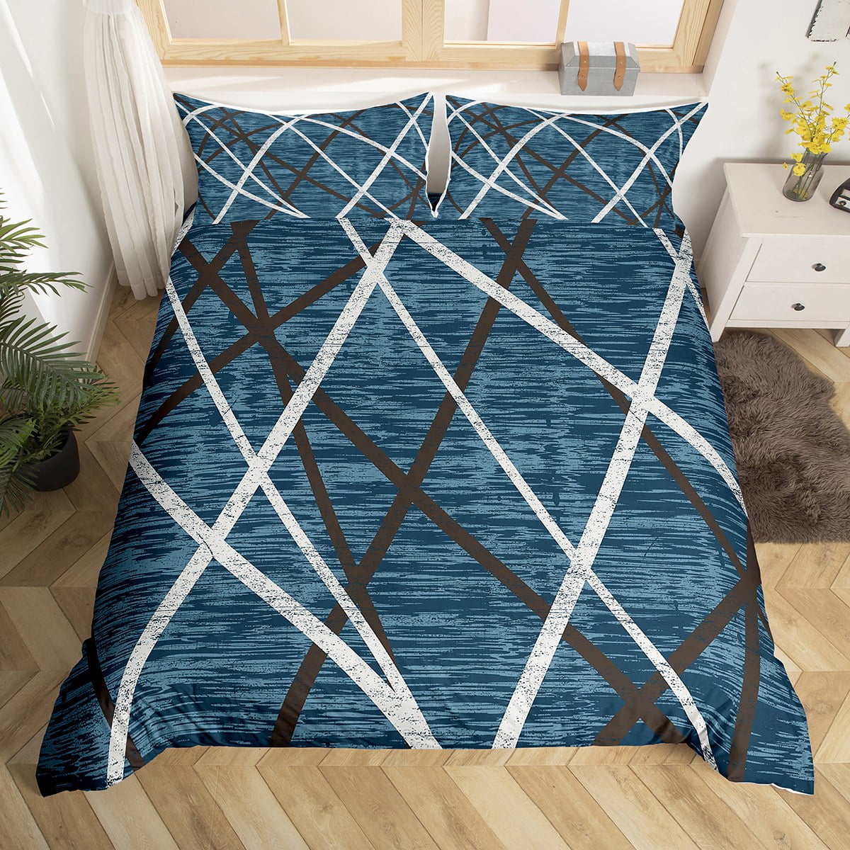 YST Navy Blue Comforter Full Size,Watercolor Striped Bedding Set for