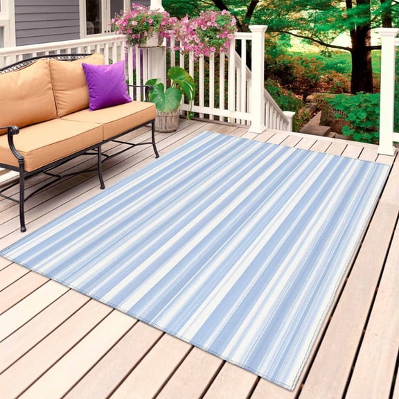 Blue Striped Outdoor Rug 4x6 Ft, Non Slip Washable Area Rug, Farmhouse Stripe Modern Abstract Art Patio Rugs Carpet Runner, Large Floor Mat for Indoor/Outdoor Deck Porch Camping