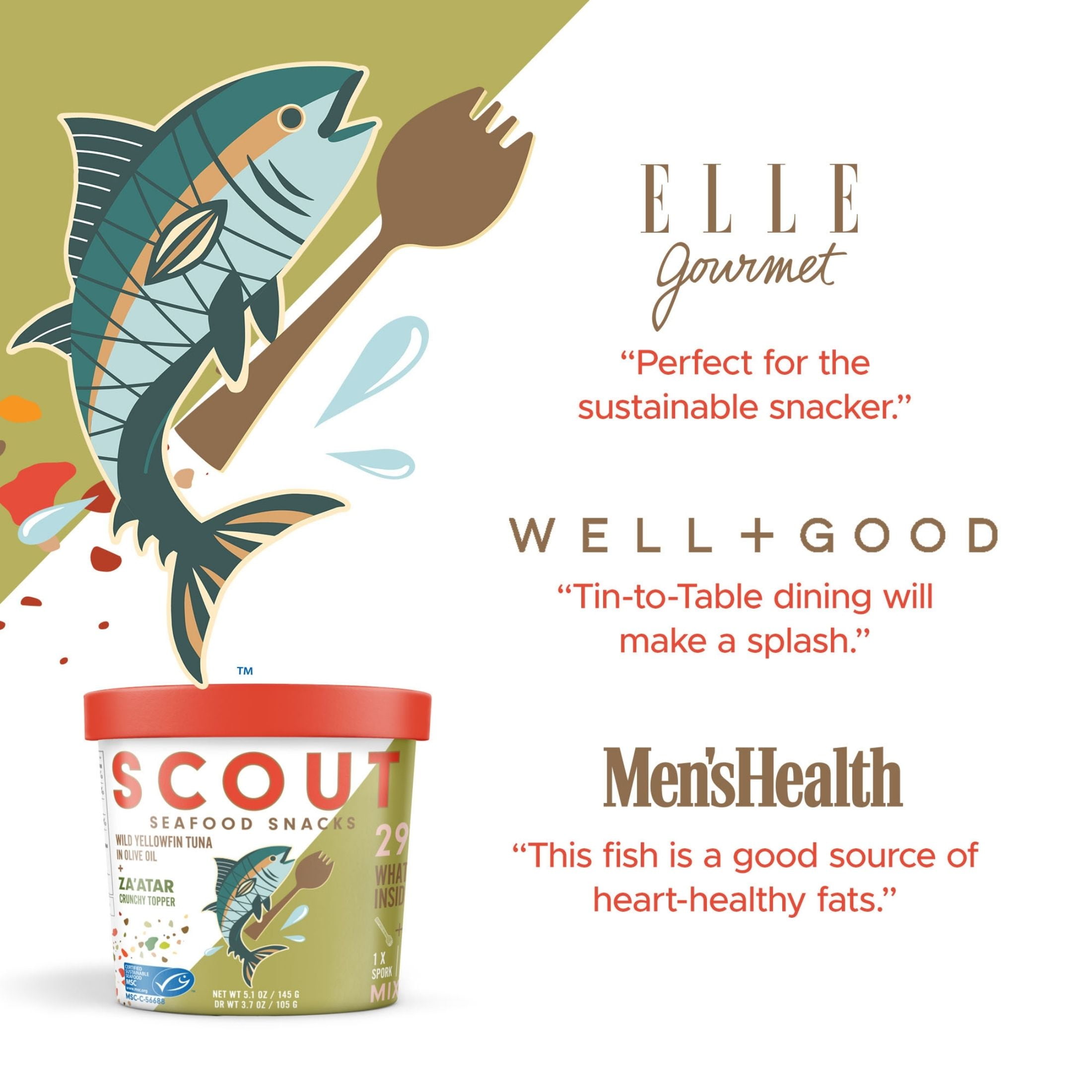 (2 pack) Scout Tuna Snack Kit, Za'atar, Wild Yellowfin Tuna + Crunchy Mix-in for 29g of Protein on the Go with Spork, 5.1oz Cup