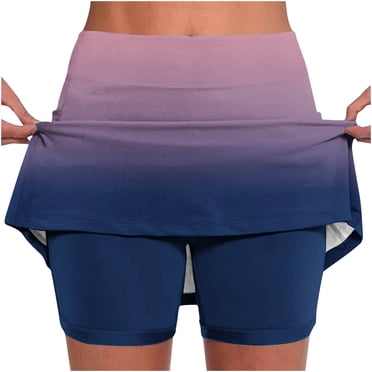 Njagoc3 Womens 3/4 Sleeve Scoop Neck Gradient Skort - Blue Ombre Design with Built-in Shorts, Summer Activewear