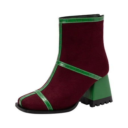 

ZMHEGW Ladies Fashion Solid Color Flock Back Zipper Square Toe High Heel Booties