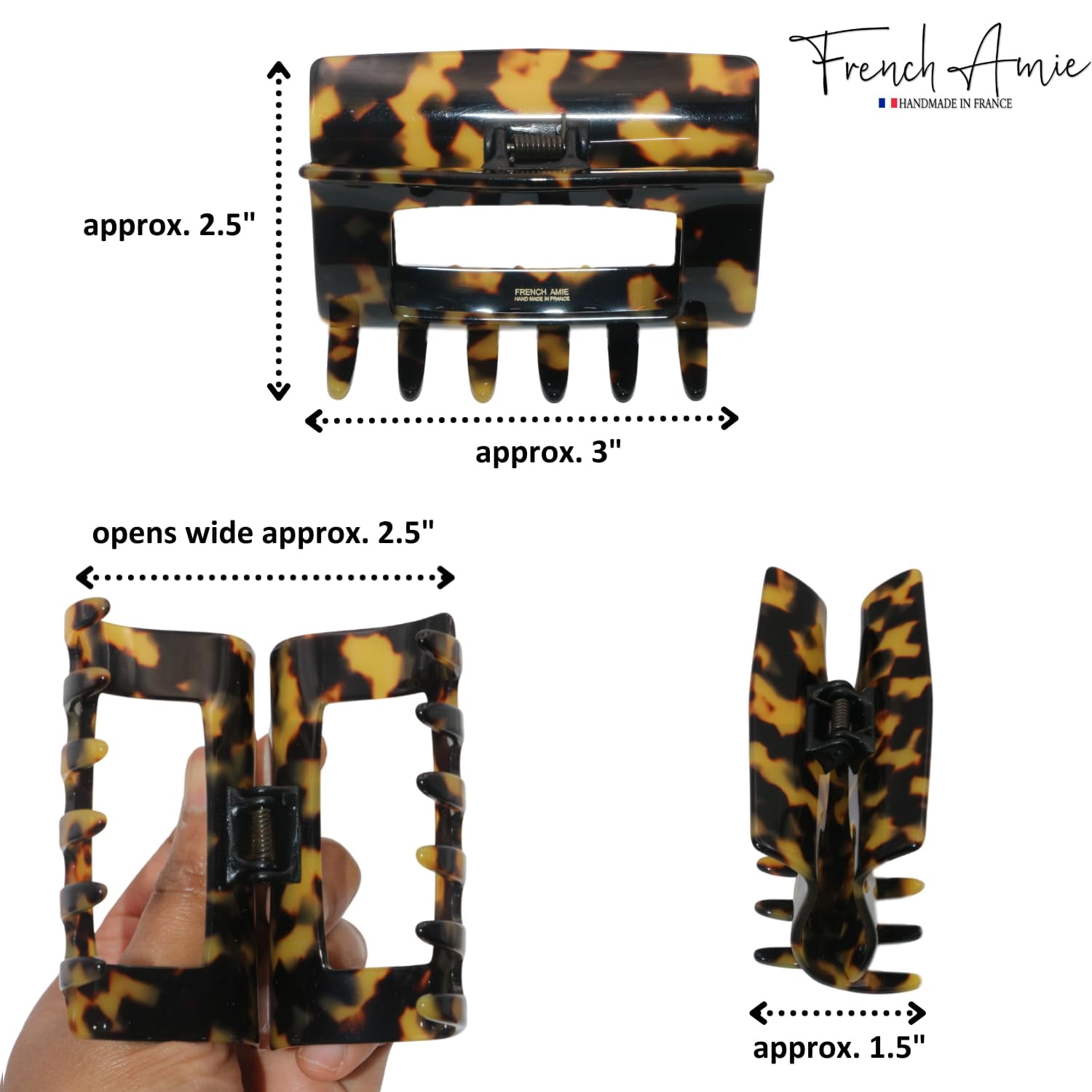 French Amie Geo Large 3" Celluloid Handmade Jaw Hair Claw Clip for Women