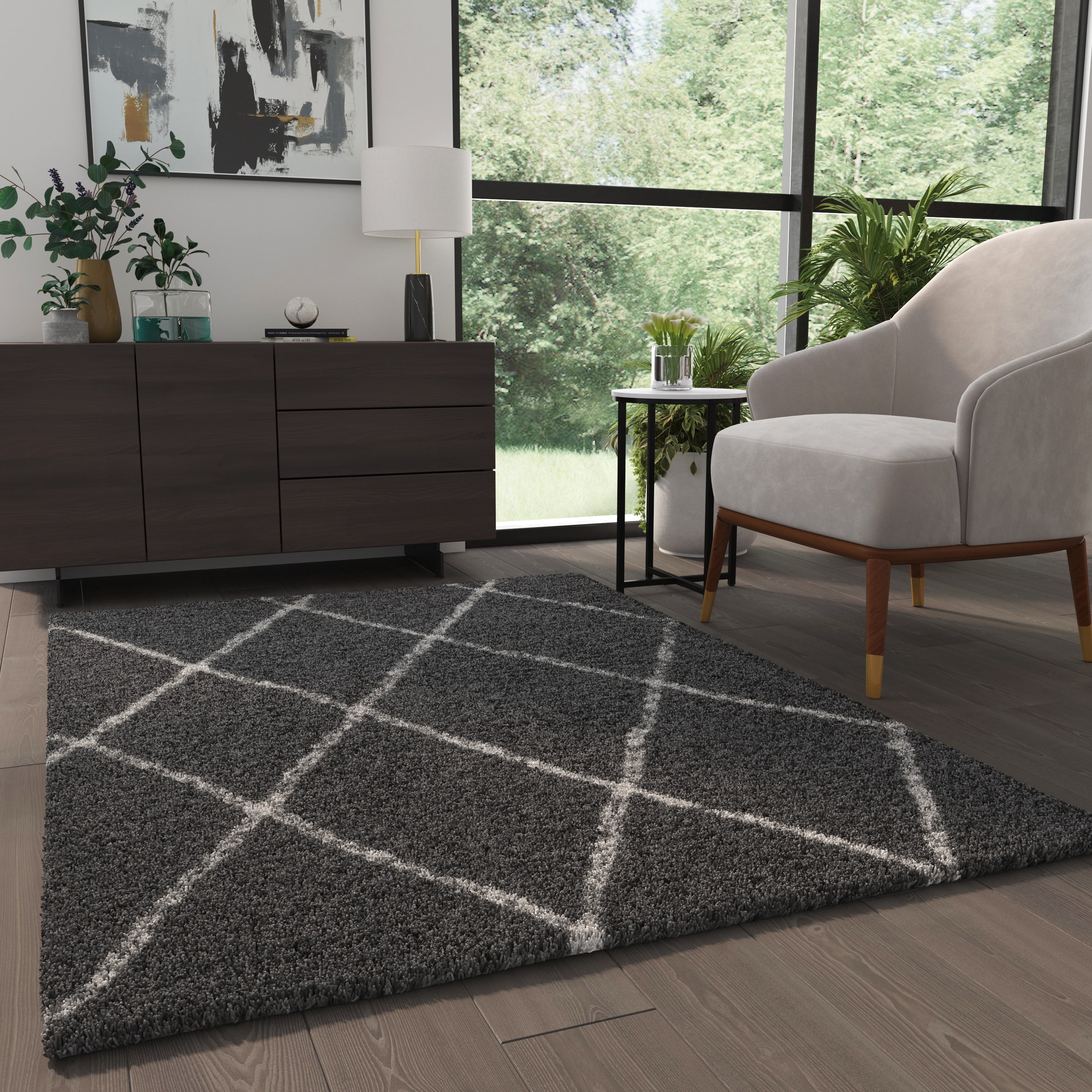 Masada Rugs Modern Contemporary Area Rug, Charcoal Ivory (5 Feet x 7