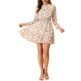thumbnail image 2 of INSPIRE CHIC Robe Courte à Volants à Fleurs pour Femme, Manches Longues, Col Smocké, Superposée, TP, Blanc, 2 of 6