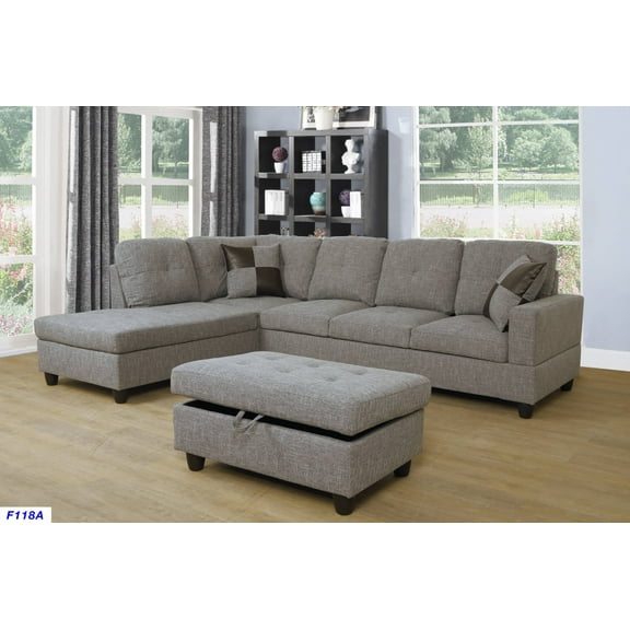 For-U Furnishing Gray Brown Linen Sectional Sofa, Left Facing Chaise, 74.5"D x 103.5"W x 35"H