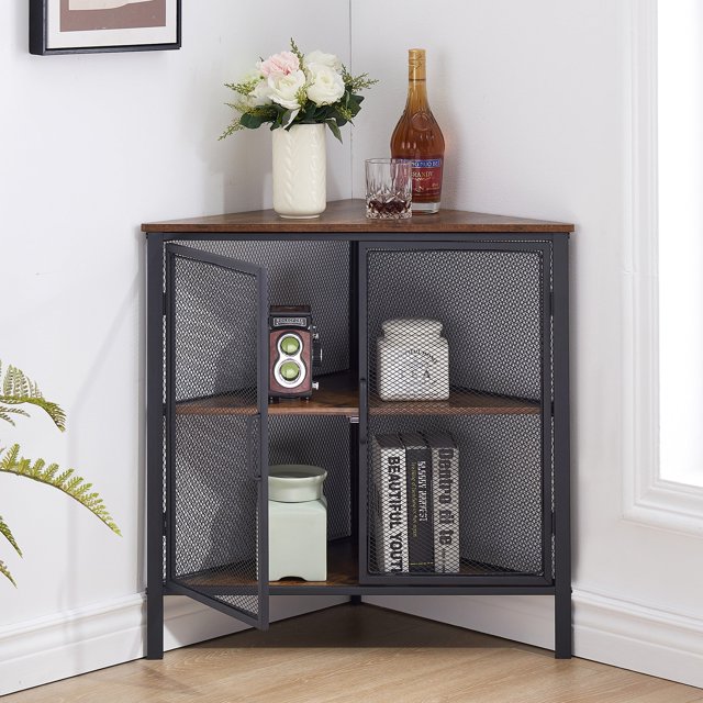 VECELO Corner Cabinet with Double Doors, 3 Tiers Wood Storage Corner Table with Metal Frame, Brown