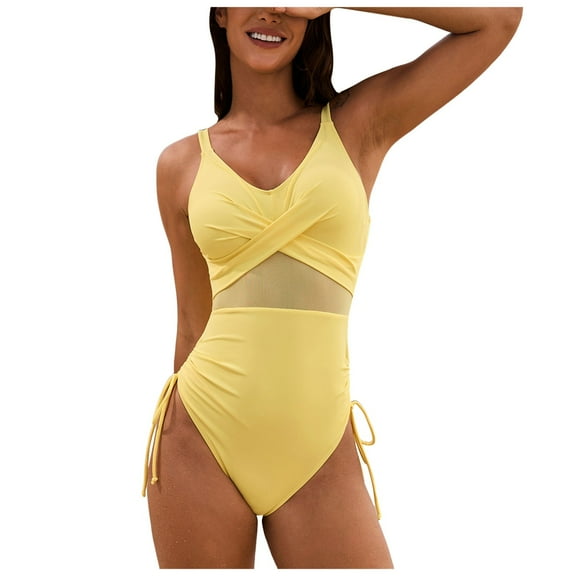 Gubotare Womens One Piece Swimsuits with Tummy Control One Piece Swimsuit for Women Tummy Control Ruffle Bathing Suit V Neck Ruched Swim Suit Cutout Swimwear (Yellow,XL)