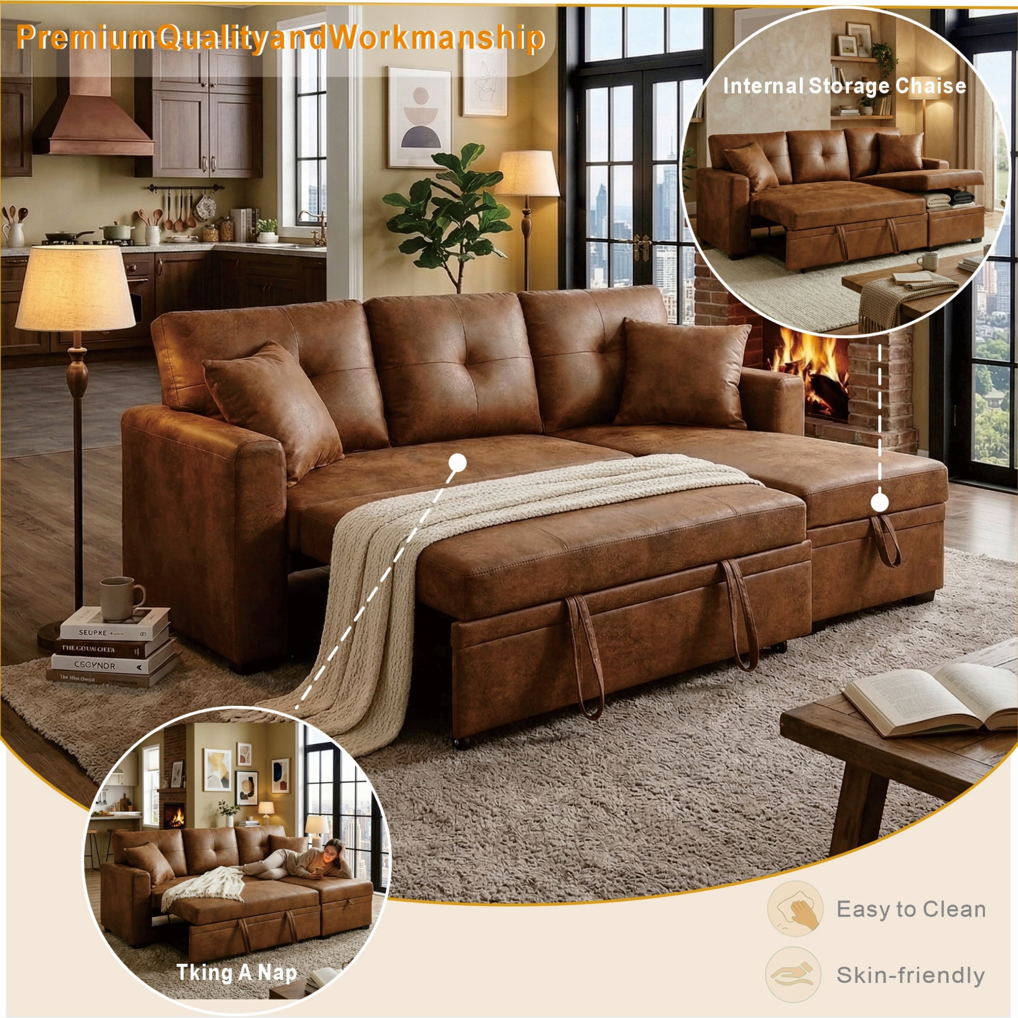 Pull-Out Convertible PU Leather Sectional Sofa Set with Reversible Chaise Lounge, Sleeper Loveseat Couch with Hidden Storage