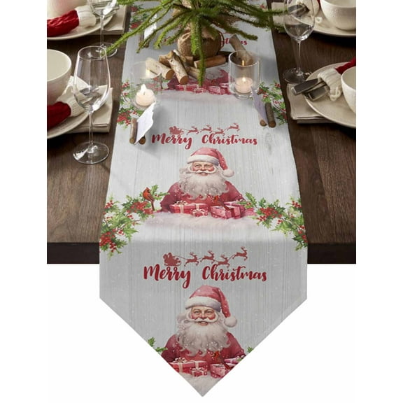 Table Runner Dresser Scarves Merry Christmas Santa Claus Gift Cotton Linen Burlap Table Cover Holly Cardinal on Wooden Table Runners for Family Kitchen Dining Holiday Party Banquet Decor