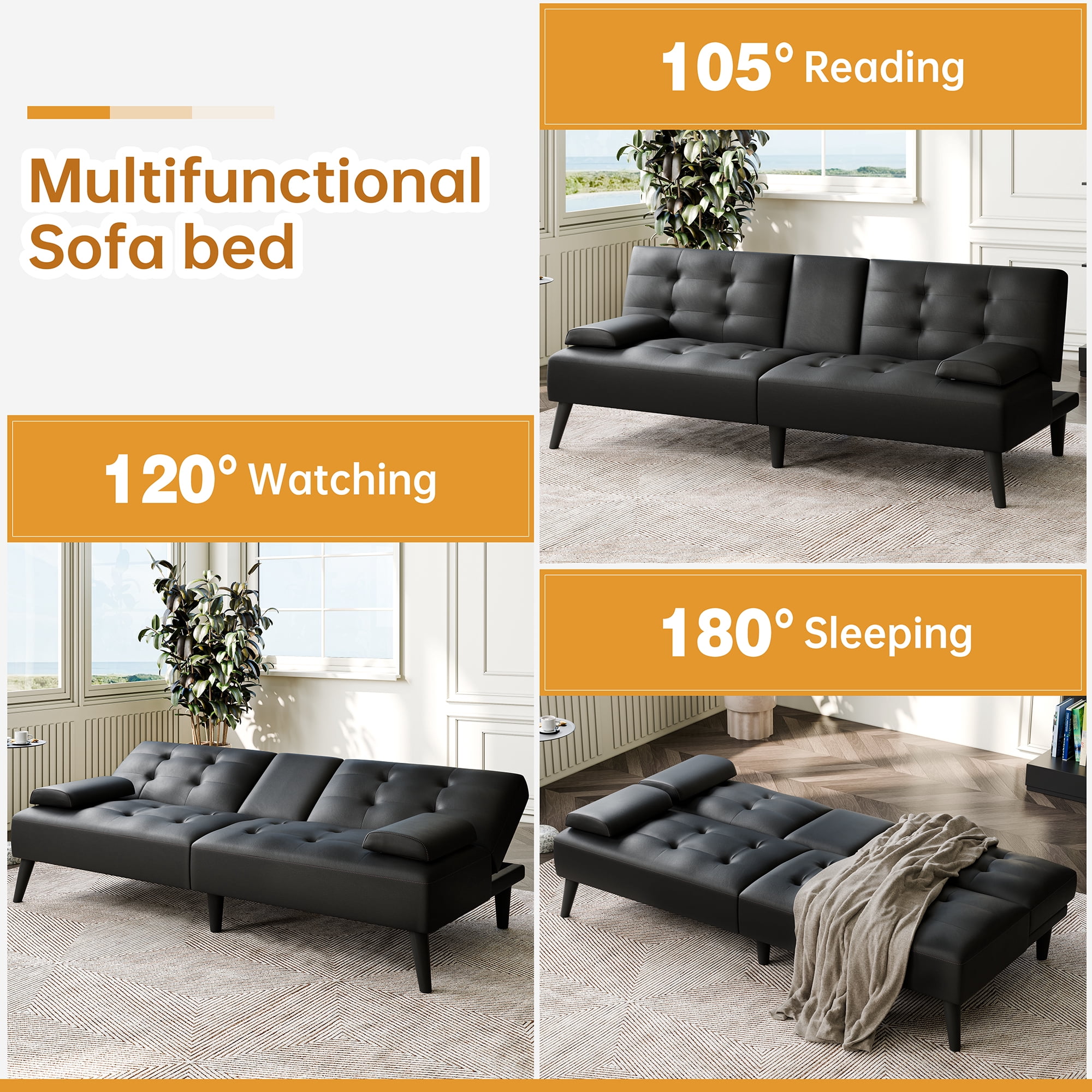 Walsuuny Futon Sofa Bed Adjustable Futon with 2 Cup Holders & Removable Arms Convertible Folding Recliner faux leather sofa,Black