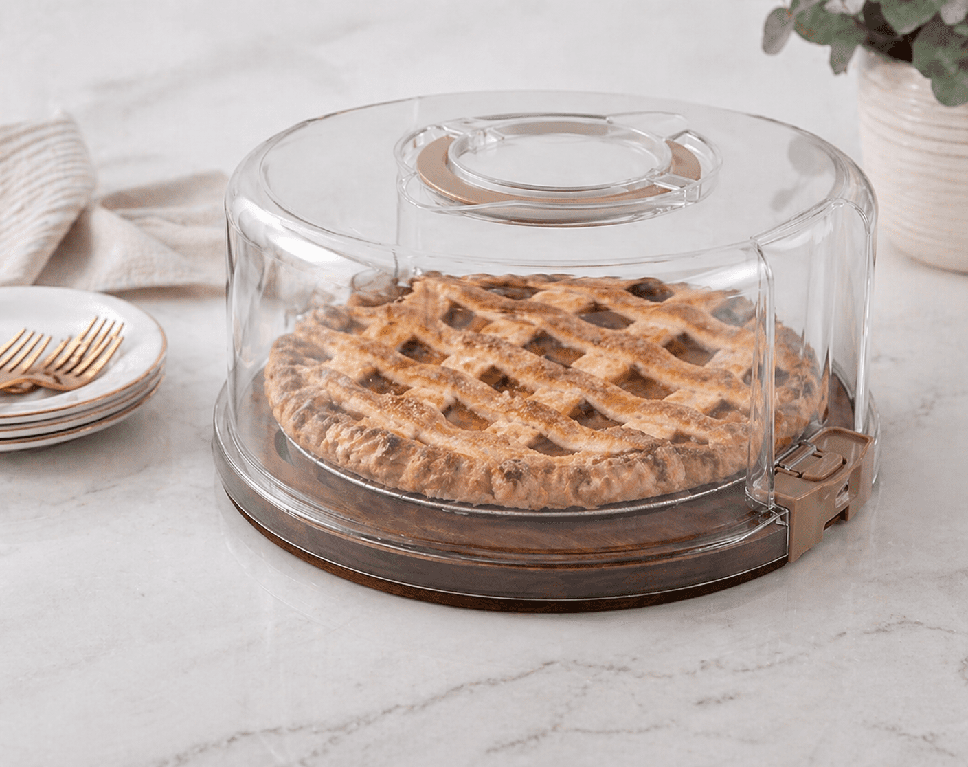 Cook with Color Acacia Wood Cake and Cupcake Carrier with Reversible Tray and Locking Lid, Round, Ideal Use for Entertaining and Party Transportation