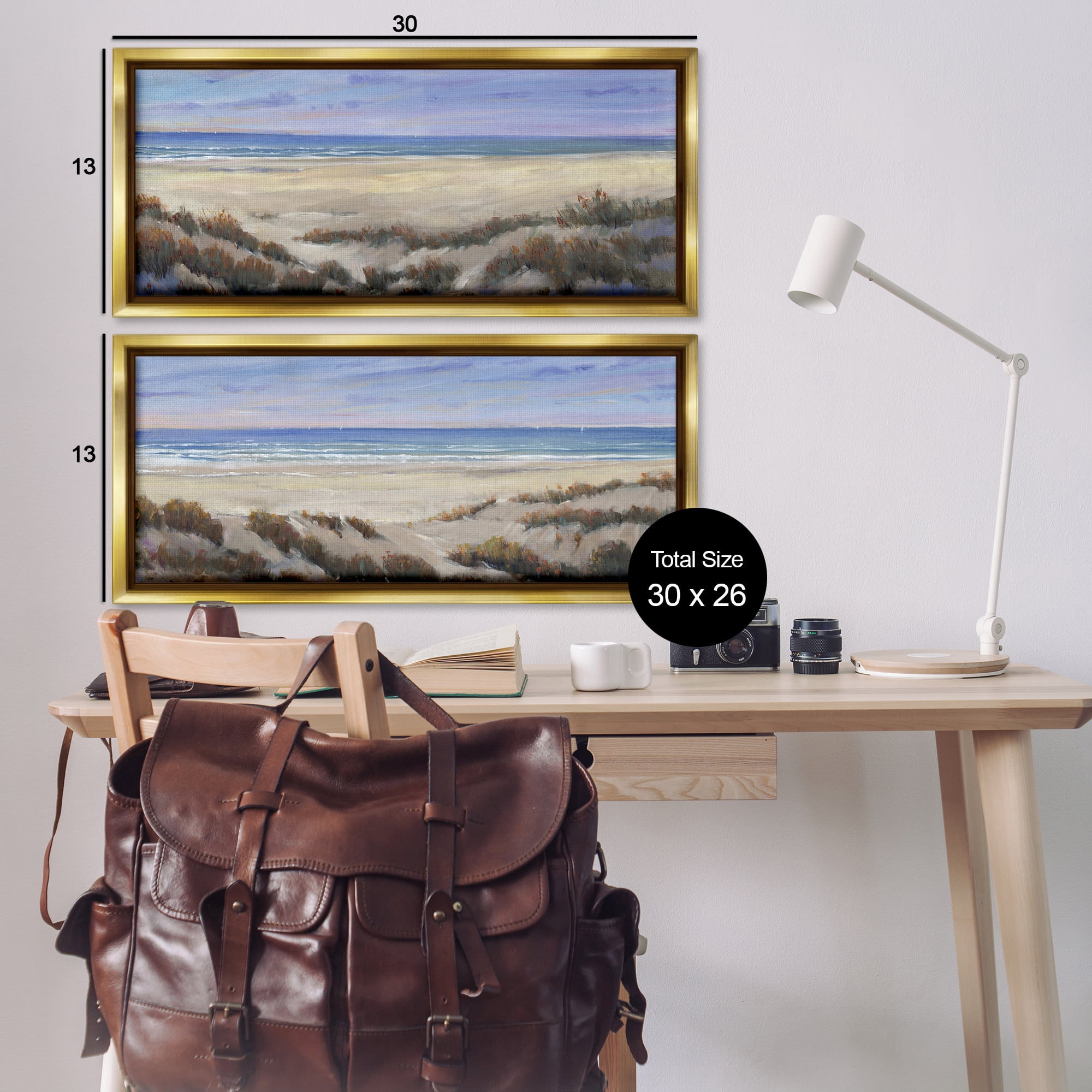 Stupell Industries Coastal Beach Terrain Landscape & Nature Painting Gold Floater Framed Canvas Art Print Wall Art, 31 x 14, Set of 2