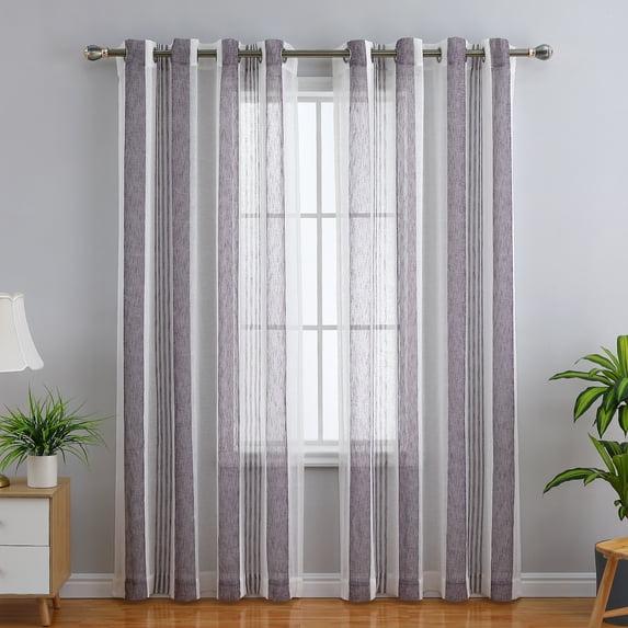 GlowSol 52"X63" Sheer Curtains for Living Room Bedroom, Grommet Voile Drapes Stripe Farmhouse Curtains Faux Linen Window Treatments Semi Curtain, Purple, 2 Panels