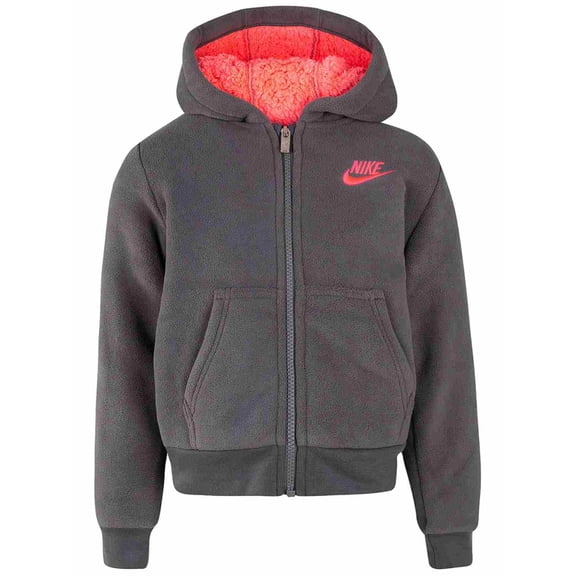 Nike Girls Gray & Pink Sherpa Lined Zip Front Hoodie Sweatshirt Jacket S (5)