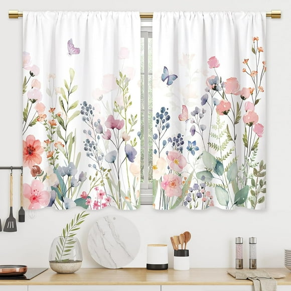 Watercolor Pink Flower Kitchen Curtains Floral Plant Wildflower Bathroom Curtains Window Treatment Drapes Tier Spring Cafe Small Bedroom Short French Door Curtains 2 Panels 27.5x39 Inch