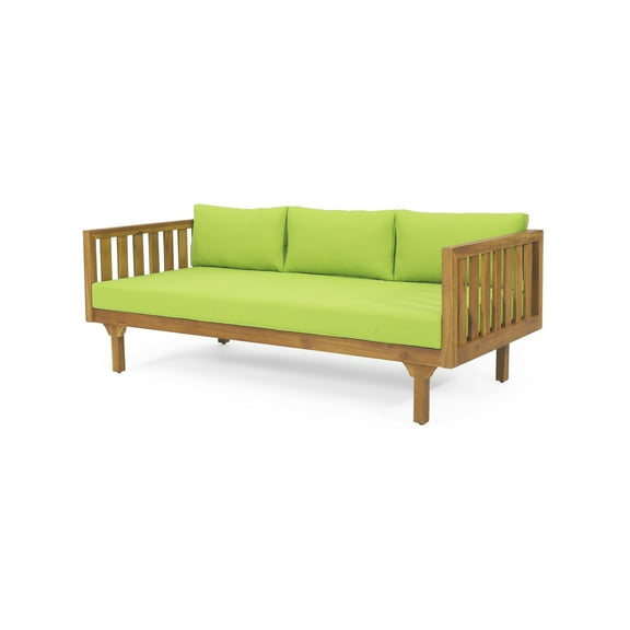 Clara Outdoor Daybed, Brown Wood Slat Back, 68 Inch Green Fabric