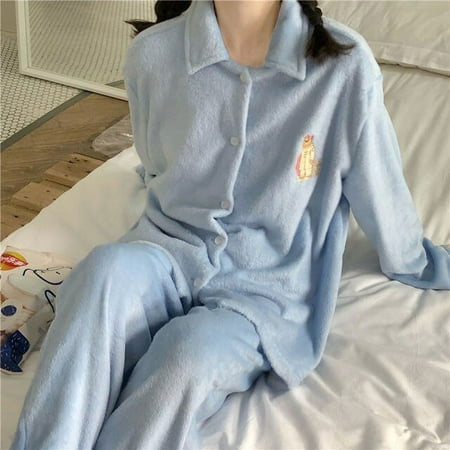 

CoCopeaunt Women Pajamas Bedroom Set Solid Color Embroidered Flannel Pijamas Korean Loose Comfortable Turn Down Collar Pyjamas Cute