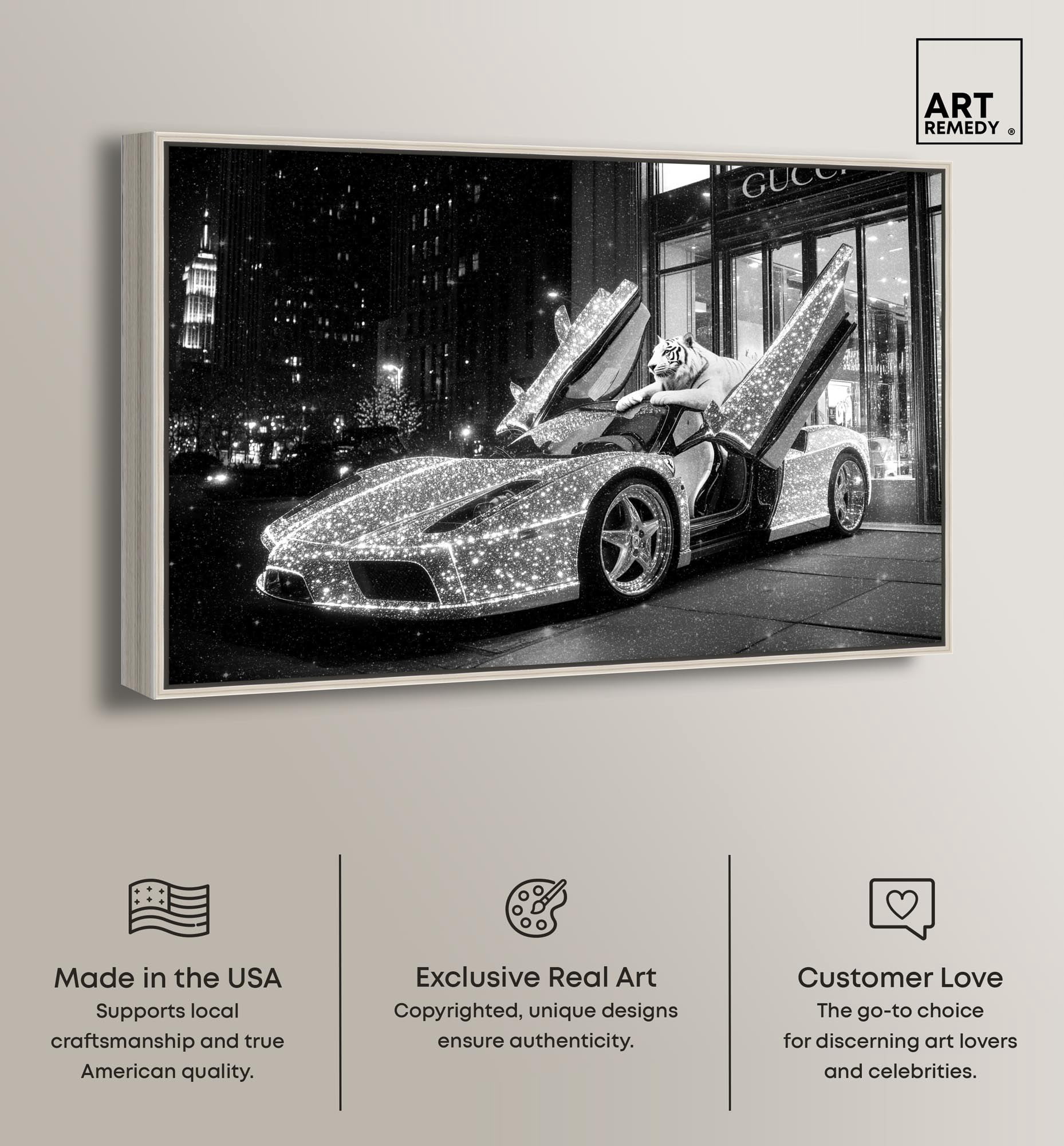 Glistening Tiger and Car Canvas Luxury Cars Prints by Art Remedy, Silver Frame, 30 x 20