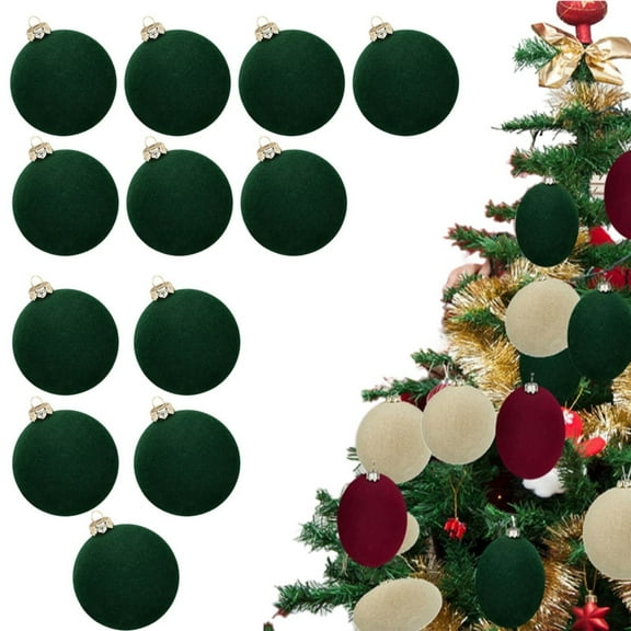 12-Pack Flocked Velvet Christmas Tree Ball Ornaments Set,Shatterproof Plastic Decorations for Xmas Tree,Wreath,Garland Holiday Decor,80mm/3.14 Inches(Blackish Green)
