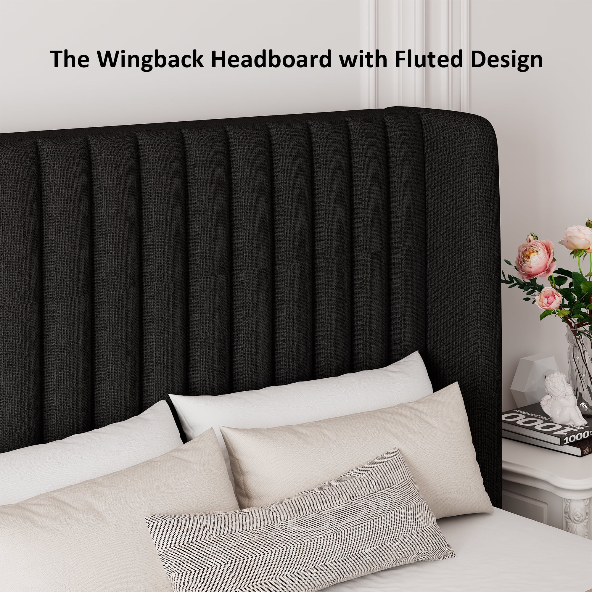 Einhomn Queen Size Lift Up Storage Bed With Wingback Headboard, Upholstered Platform Bed Frame with Hydraulic Storage, Linen Fabric, No Box Spring Needed,Black