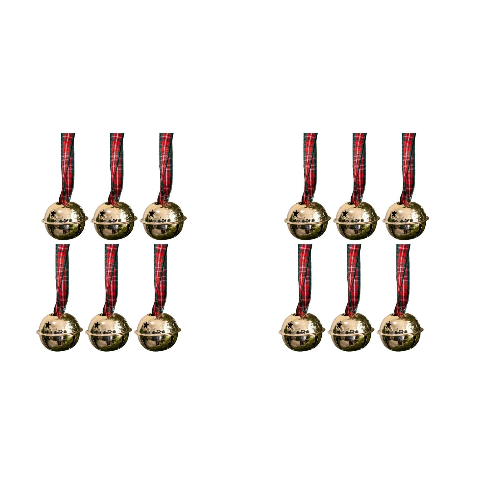 12Pcs Christmas Jingle Bells Vintage Gold with Hanging Rope - Classic Craft Bell Ornaments with Red Green Plaid Ribbon for Tree Wreath Gift Packaging and Holiday DIY Decor