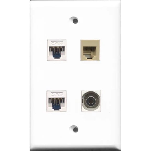 RiteAV 1 Port Phone RJ11 RJ12 Beige and 1 Port 3.5mm 2 Port Cat5e Ethernet White Wall Plate