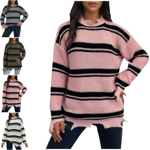Danhjin Striped Sweater Tops for Women Fuzzy Long Sleeve Fall Winter Pullover Stretchy Shirts Fashion Comfy Soft Casual Cozy Loungewear Outdoor Knitwear Blouses