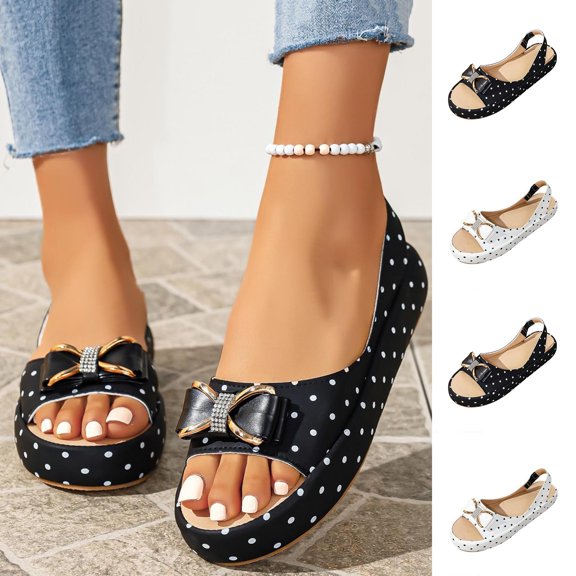 Miluxas Women's Polka Dot Platform Wedge Sandals, Open Toe Slingback Slip On Shoes with Bow, Soft Lightweight Casual Summer Walking Sandals White 9.5(43)