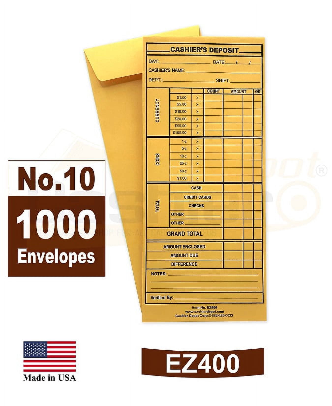 1000 Cashier Depot EZ400 Cashier's Deposit Envelope, #10 Brown Kraft Envelope, 4 1/8" x 9 1/2", Heavy 24 LB, 1000/Box