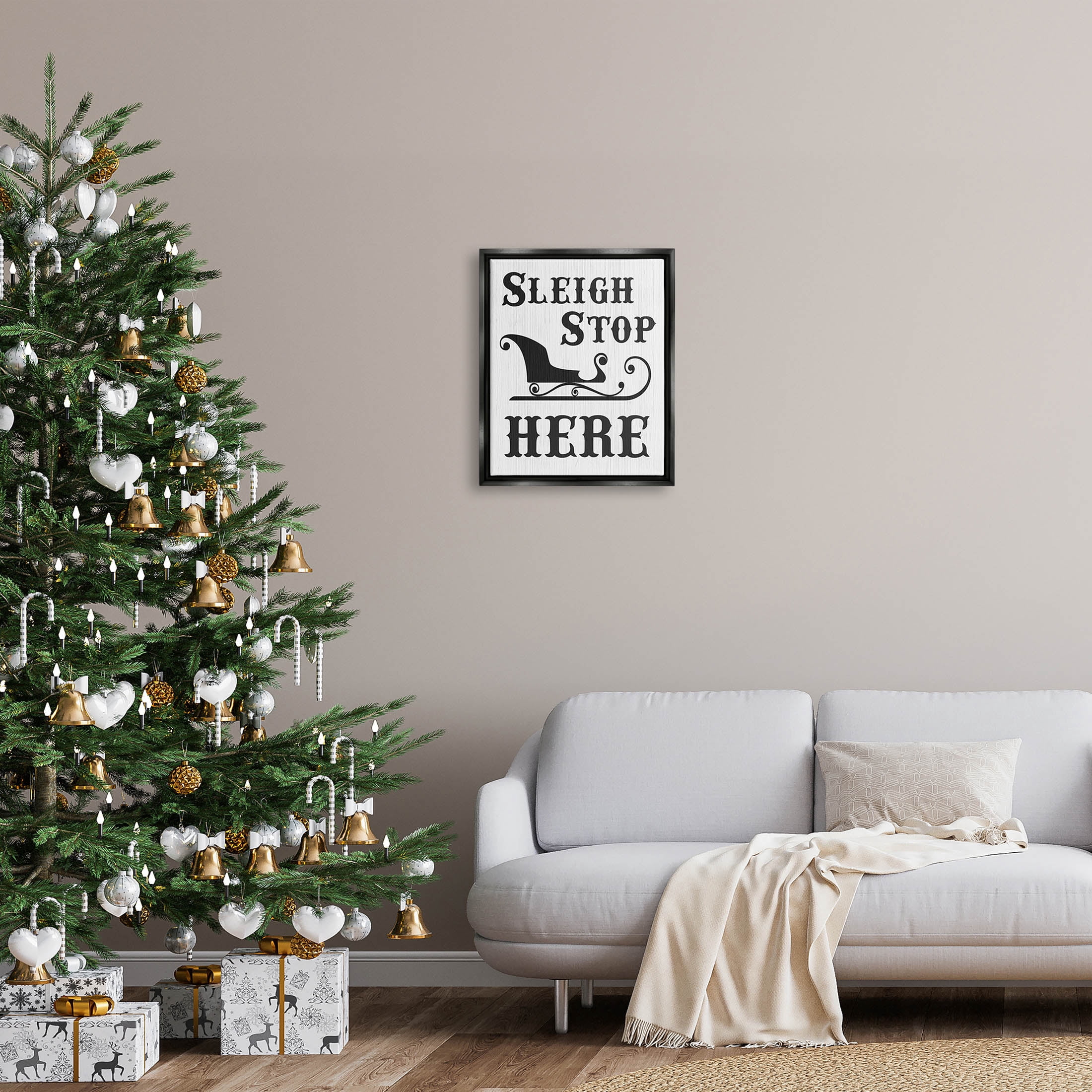 Sleigh Stop Here Holiday Sled Holiday Graphic Art Jet Black Framed Art Print Wall Art