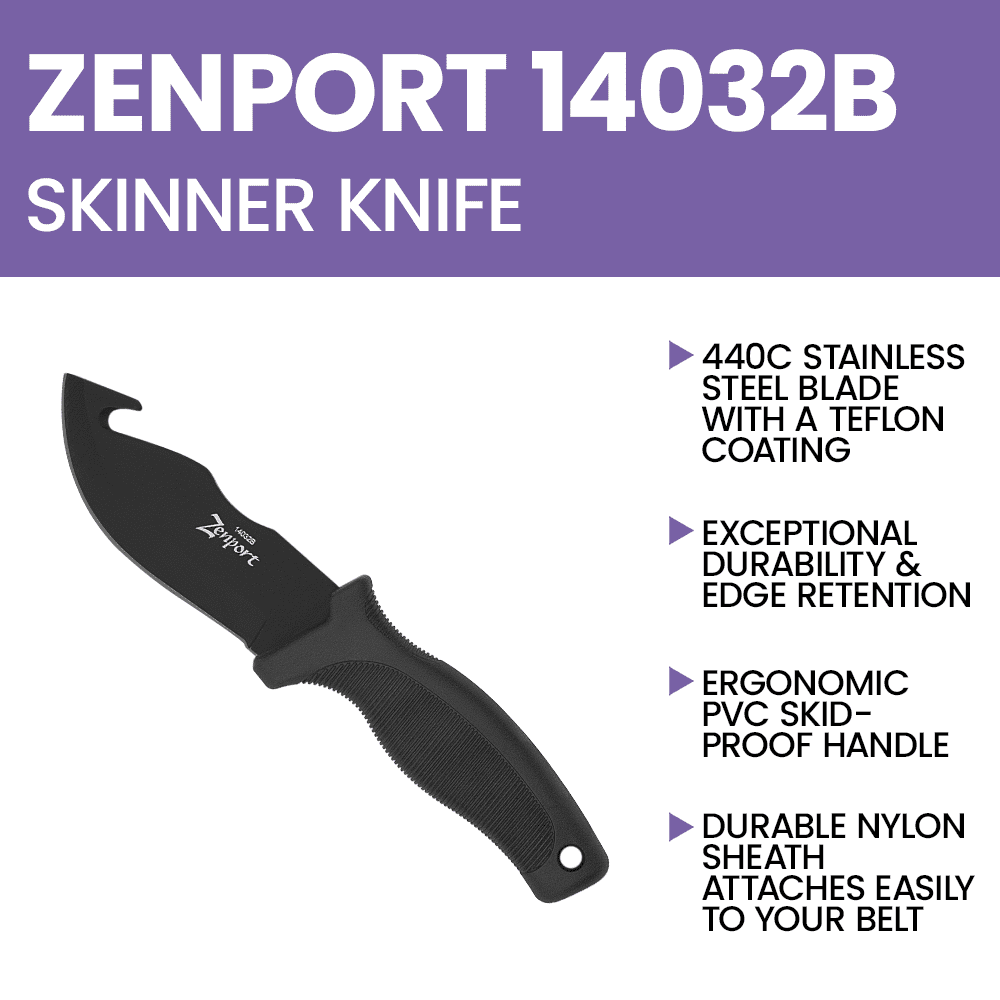 Zenport 14032B Skinner Knife with Sheath - 9-Inch, 4.2 Inch Stainless Steel Blade, Black - 3 Pack