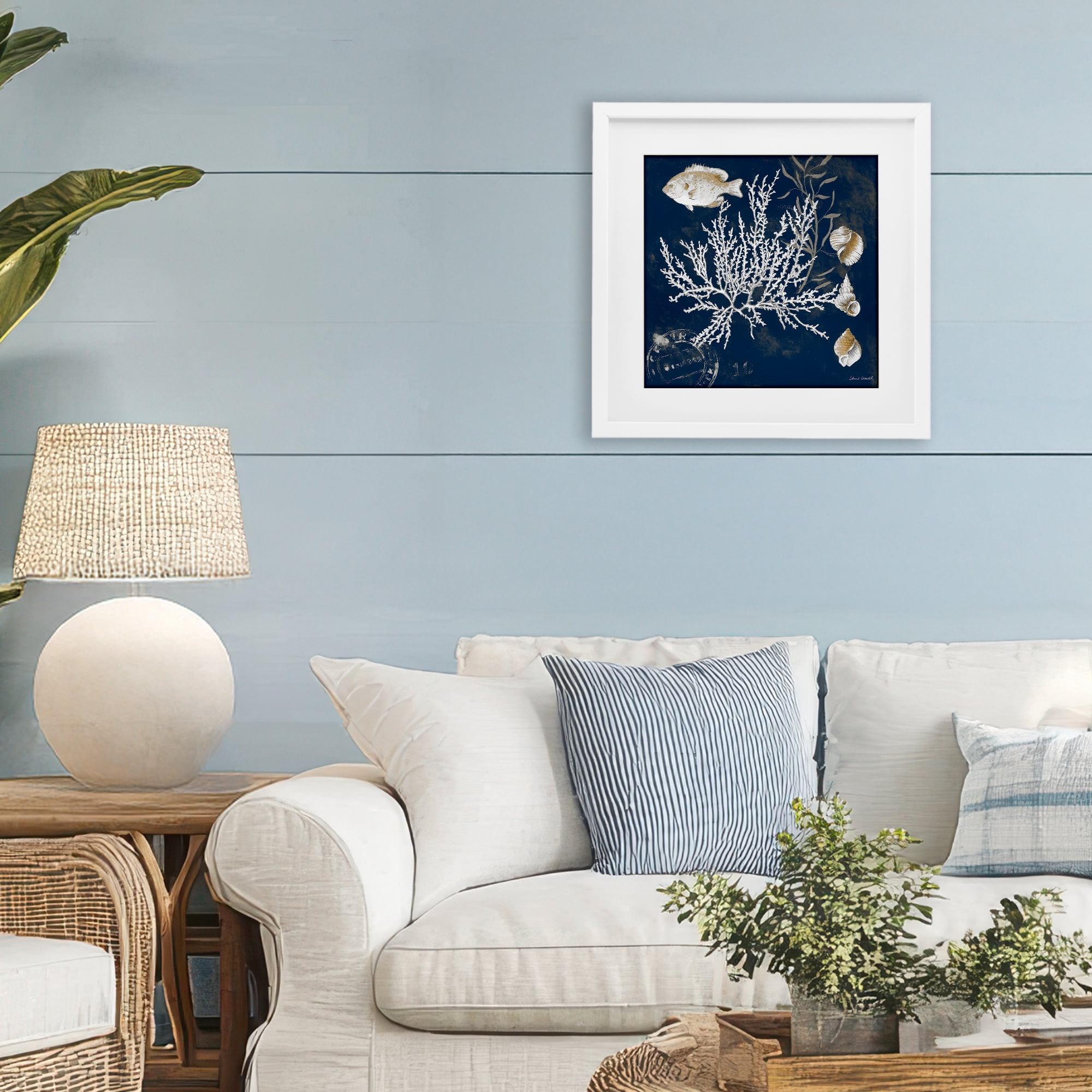Stupell Industries Coral Medley on Blue White Framed Print Under Glass, design by Lanie Loreth