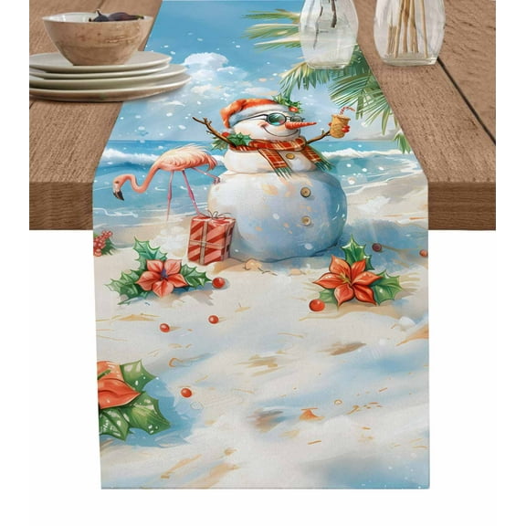 Blue Coastal Christmas Burlap-Cotton Table Runner 120 Inches Long,Xmas Snowman Flamingo Farmhouse Table Runners,Outdoor Dining Tablecloths Decor for Baby Shower/Party/Wedding 13x120