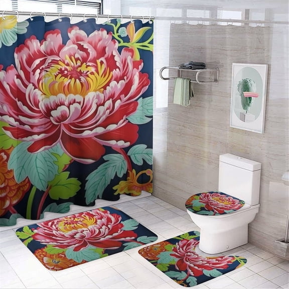 Chilfamy 4PCS Peony Flowers Oriental Art Waterproof Shower Curtain Sets with Hooks,Bathroom Sets with Non-Slip Rugs,Toilet Lid Cover and Bath Mat