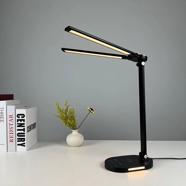 Lámpara de escritorio con protección ocular y carga inalámbrica para teléfono móvil de dos cabezales, luz de noche para el hogar, lámpara de piano plegable de metal para oficina