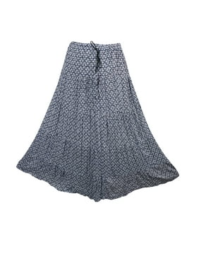 Mogul Women's Maxi Skirt Blue Printed Elastic Waist Summer Long Skirts
