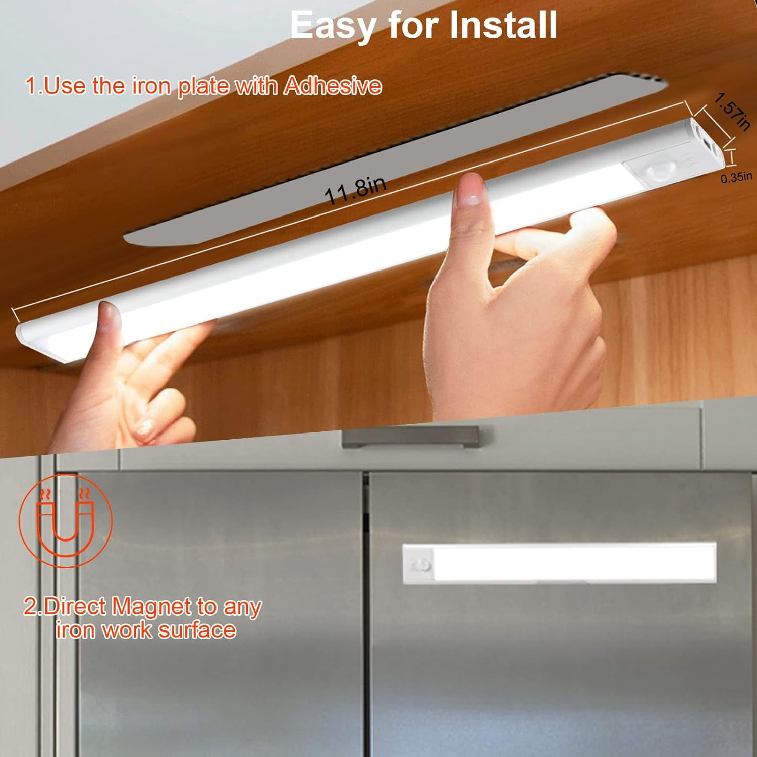 11.8" Rechargeable Under Cabinet Light with Motion Sensor, 3 Color Temperatures for Kitchen, Cabinet, Wardrobe