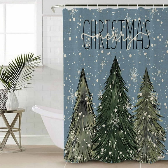 Blue Christmas Tree Waterproof Fabric Shower Curtain, Green Xmas Tree Snowflake Shower Curtain for Bathroom Curtains Bathtubs Hotel Washable Shower Curtains with 12 Hooks Extra Long 72x84