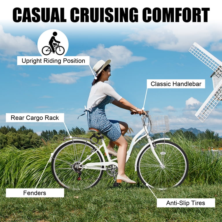 Ktaxon 26" Womens Bike, 7 Speed Cruiser Bike for Adults Women with Lock Basket & Rack, Step Through City Bikes, White