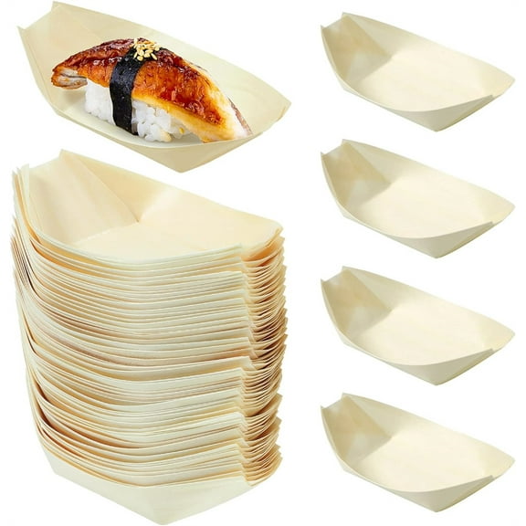 NOGIS Bamboo Wooden Boat Disposable Wood Boat Plates Dishes Mini Sushi Boat Sushi Serving Tray Bamboo Leaf Boat Food Container Wood Bowl for Catering and Home Use 100pcs (3.3x2.3inch)