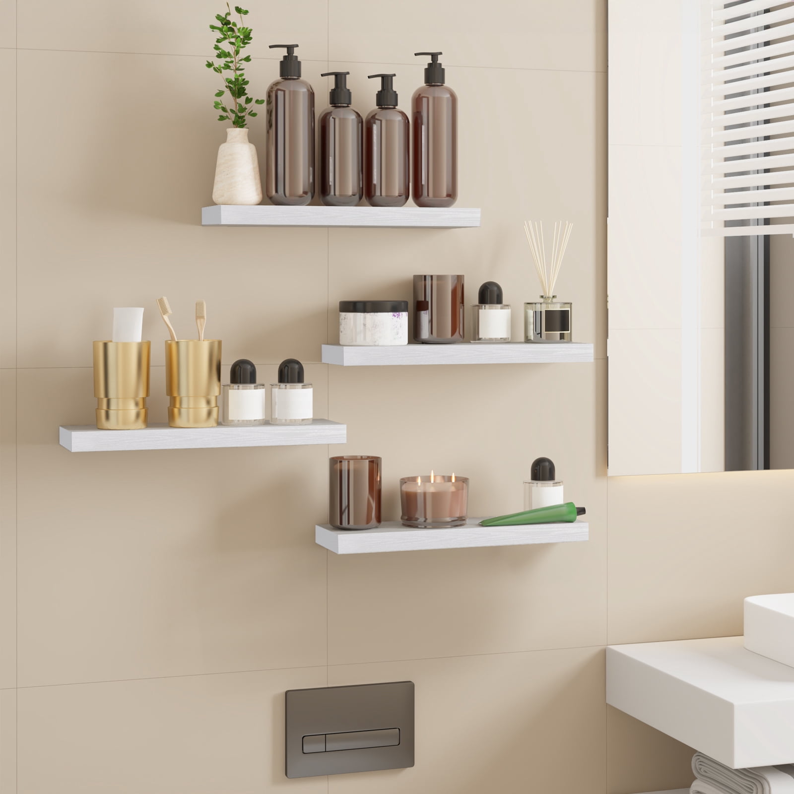 Fairy 15.8in Floating Shelves, Wall Shelves Set of 4, Shelves for Wall Decor, with Invisible Brackets, 15.8x1.2x5.5inches, White