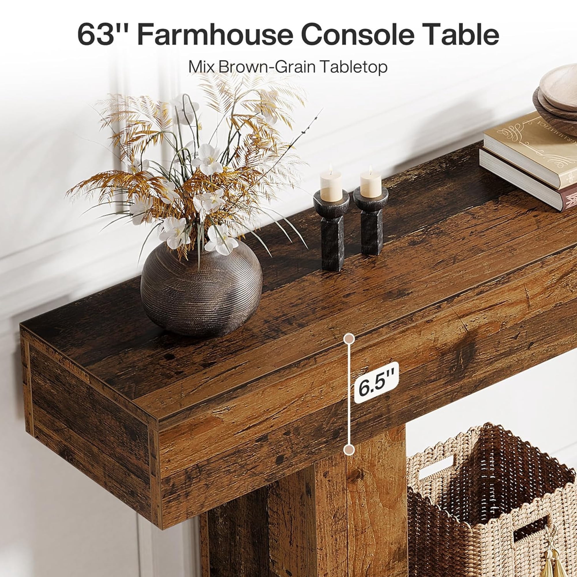63" Farmhouse 2-Tier Console Table, U-Shaped Base Entryway Table, Narrow Wood Sofa Table Behind Couch for Living Room & Hallway (Mix Brown)