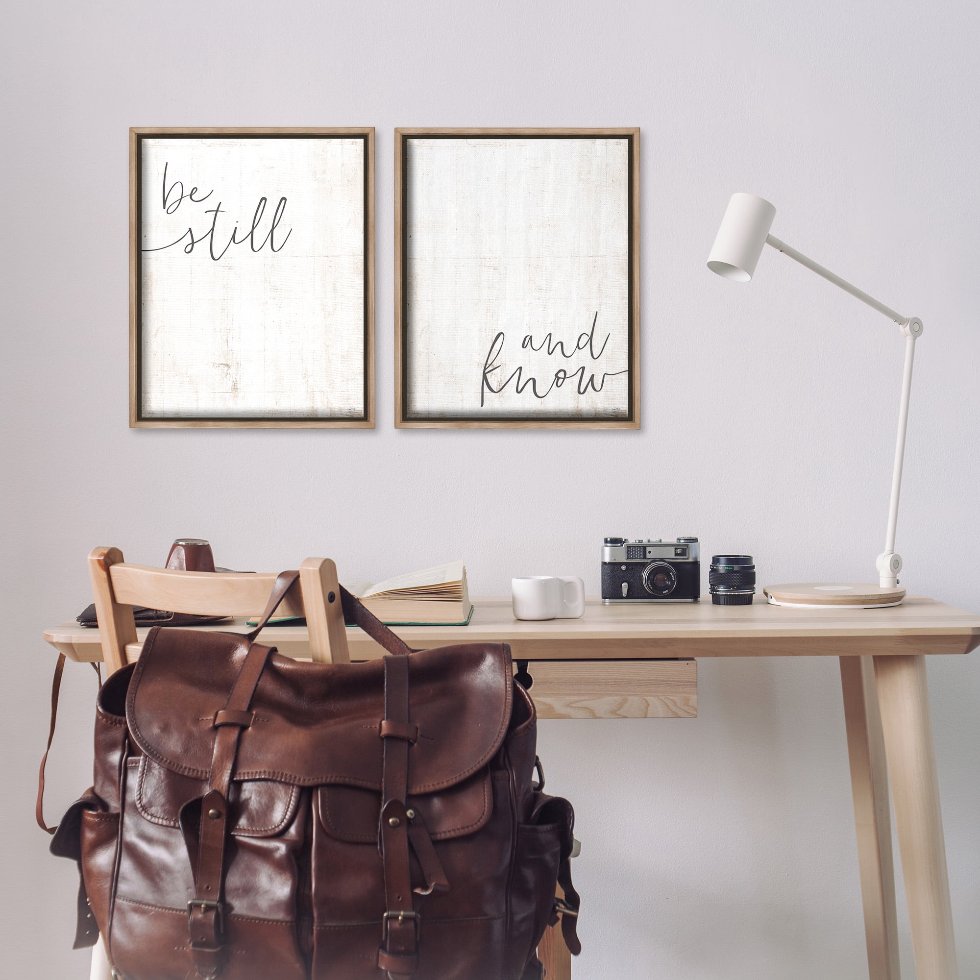 Stupell Industries Be Still & Know Spiritual Calligraphy Inspirational Painting Brown Floater Framed Canvas Art Print Wall Art, 17 x 21, Set of 2